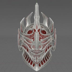 May include: A 3D model of a fantasy helmet with a complex, ornate design. The helmet features a silver wireframe structure with red accents, showcasing a detailed, symmetrical pattern. The design includes a central spike and multiple horn-like protrusions.