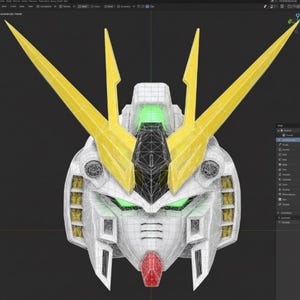 Può includere: Modello 3D dettagliato di una testa di robot Gundam, renderizzato in stile wireframe. La testa è principalmente bianca con accenti gialli sulla cresta e sui dettagli. Gli occhi brillano di verde e la bocca è rossa. Il modello è su uno sfondo scuro.
