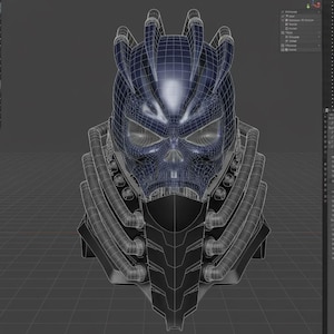 Könnte beinhalten: Detailliertes 3D-Modell eines dunkelblauen und schwarzen schädelartigen Helms mit komplexem Drahtgitterdesign. Der Helm hat ein Totenkopfgesicht, einen Nackenschutz und mehrere Rohre. Der Hintergrund ist ein graues Gitter.