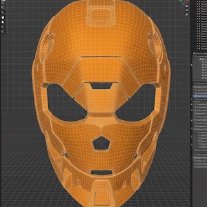 May include: An orange wireframe model of a futuristic helmet, showcasing a detailed design with angular shapes and a visor area. The helmet's structure is visible, highlighting its construction and form.