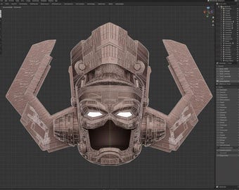 Könnte beinhalten: Ein 3D-Modell eines Charakterkopfes mit detailliertem, geometrischem Design. Der Charakter hat einen großen, offenen Mund und leuchtende weiße Augen. Das Modell ist hellbraun und hat große, flügelartige Strukturen, die sich von den Seiten erstrecken.
