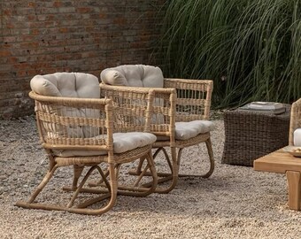 Rotan Loungestoel | Outdoor Japandi-stoel met kussens | Patio-tuinstoel | Rotan vrijetijdsstoel | Modern tuinmeubilair