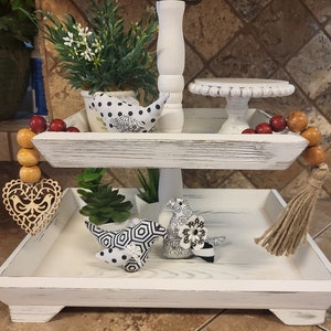 Bird intricate cut tag natural bead rope, Tiered tray decor, farmhouse decor, wooden bead rope, wooden bead garland