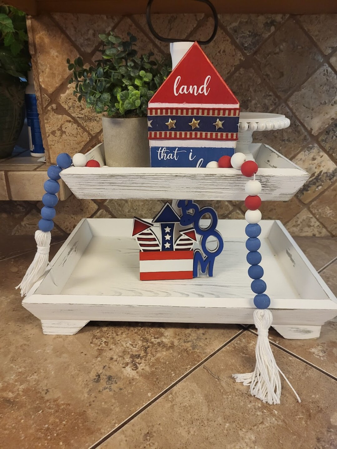 Patriotic Wooden Bead Rope, Red White and Blue, Farmhouse Décor, Wooden ...