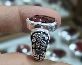 Anillo de piedra de ágata roja yemení natural y rara, ágata cornalina rojo oscuro, plata de ley 925, hecho a mano, anillo artesanal de ágata yemení de sangre roja, ideal para regalar.
