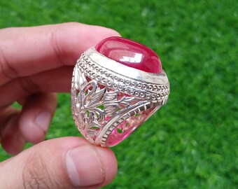 Men’s Red Ruby Cabochon Ring 925 Sterling Silver Vintage Design Handmade Anari Yaqoot Statement Ring For Men Anniversary Gift for Him