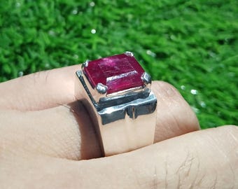 Anillo de rubí con corte de esmeralda natural, anillo de rubí Yaqoot de forma cuadrada, anillo de rubí de sangre de paloma de plata de ley 925, anillo hecho a mano para regalo de aniversario