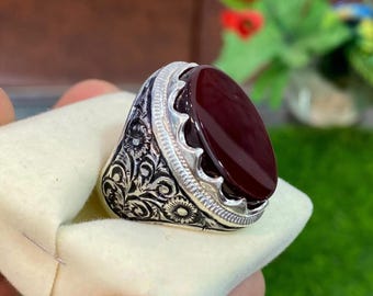 Handmade Yemeni Aqeeq Carnelian Ring 925 Sterling Silver Red Blood Agate Engraved Shifa Al Abad Islamic Healing Jewelry Gift For Men