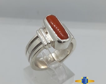 Anello di pietre preziose di corallo naturale Anello di corallo rosso Anello di Marjan rosso Anello artigianale con anello Moonga Coral March Birthstone Anello di corallo in argento 925