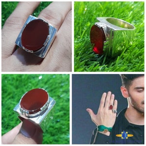 Famous Shia Noha Khuwan Ali Shanawar Ring Design Handmade Yemeni Aqeeq 925 Sterling Silver Ring Men&#39;s Red Liver Color Yemeni Agate Shia Ring