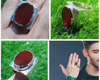 Famous Shia Noha Khuwan Ali Shanawar Ring Design Handmade Yemeni Aqeeq 925 Sterling Silver Ring Men's Red Liver Color Yemeni Agate Shia Ring