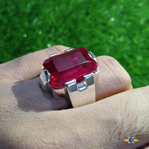 Lab Created Emerald Cut Ruby Dark Red Ruby Gemstone Ring 925 Sterling Silver Handmade Square Ruby Ring Pigeon Blood Mens Ruby Ring For Gift