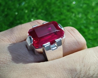 Lab Created Emerald Cut Ruby Dark Red Ruby Gemstone Ring 925 Sterling Silver Handmade Square Ruby Ring Pigeon Blood Mens Ruby Ring For Gift