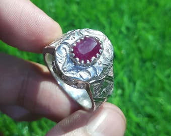 Natural Pigeon Dark Red Burma Ruby Ring Sterling Silver 925 Unheated Untreated Handmade Roby Ring Mens Ruby Rubin Ring Yaqoot Ring