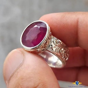 Anel de Rubi Africano Natural Vermelho Sangue de Pombo em Prata de Lei 925 Feito à Mão - Anel Masculino Artesanal Yaqoot Manik - Presente Ideal para Namorado