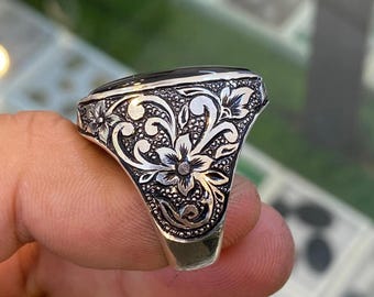 Anillo de ágata negra yemení de plata 925, hecho a mano, grabado artesanalmente, Shifa Al Abad, joyería islámica de piedra, regalo para hombres.
