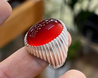 Natural Yemeni Aqeeq Ring Shifat Al Abad Carnelian Ring Red Blood Yemeni Agate Stone Ring 925 Sterling Silver Handmade Aqeeq Stone Men Ring
