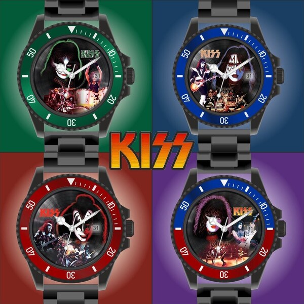 KISS Band Schallplatten Uhr, in 4 Optionen. Ø40mm Armbanduhr Made in Germany, Metallgehäuse Edelstahlband Datumsanzeige 3BAR wasserdicht