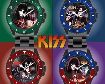 KISS Band Schallplatten Uhr, in 4 Optionen. Ø40mm Armbanduhr Made in Germany, Metallgehäuse Edelstahlband Datumsanzeige 3BAR wasserdicht