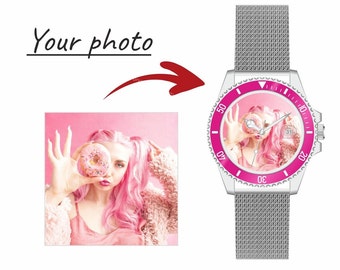 Montre avec photo Ø40mm cadeau personnalisé montre-bracelet pour femme cadeau photo bracelet en maille argentée affichage de la date 3BAR protégé contre l'eau en rose