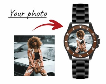 Unisex Armbanduhr mit Foto personalisiert Memories Uhr mit Foto-Aufdruck Ø40mm Geschenk Stahlband-schwarz Personalisiertes Geschenk in braun