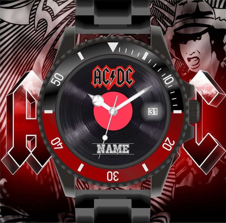 ACDC Schallplatten Uhr, mit eigenem Namen. Ø40mm Armbanduhr Made in Germany, Metallgehäuse Edelstahlband Datumsanzeige 3BAR wasserdicht Bild 1