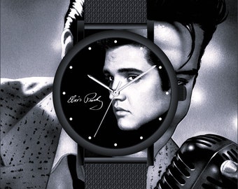 Elvis Presley Classic Herrenuhr Ø40mm von Memories Armbanduhr mit Elvis Presley Autogramm schwarzes Mesharmband und Gehäuse,  Fanartikel