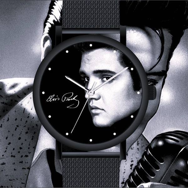 Montre pour homme Elvis Presley Classic Ø40 mm de la montre-bracelet Memories avec bracelet et boîtier en maille noire autographe d'Elvis Presley, article de fan