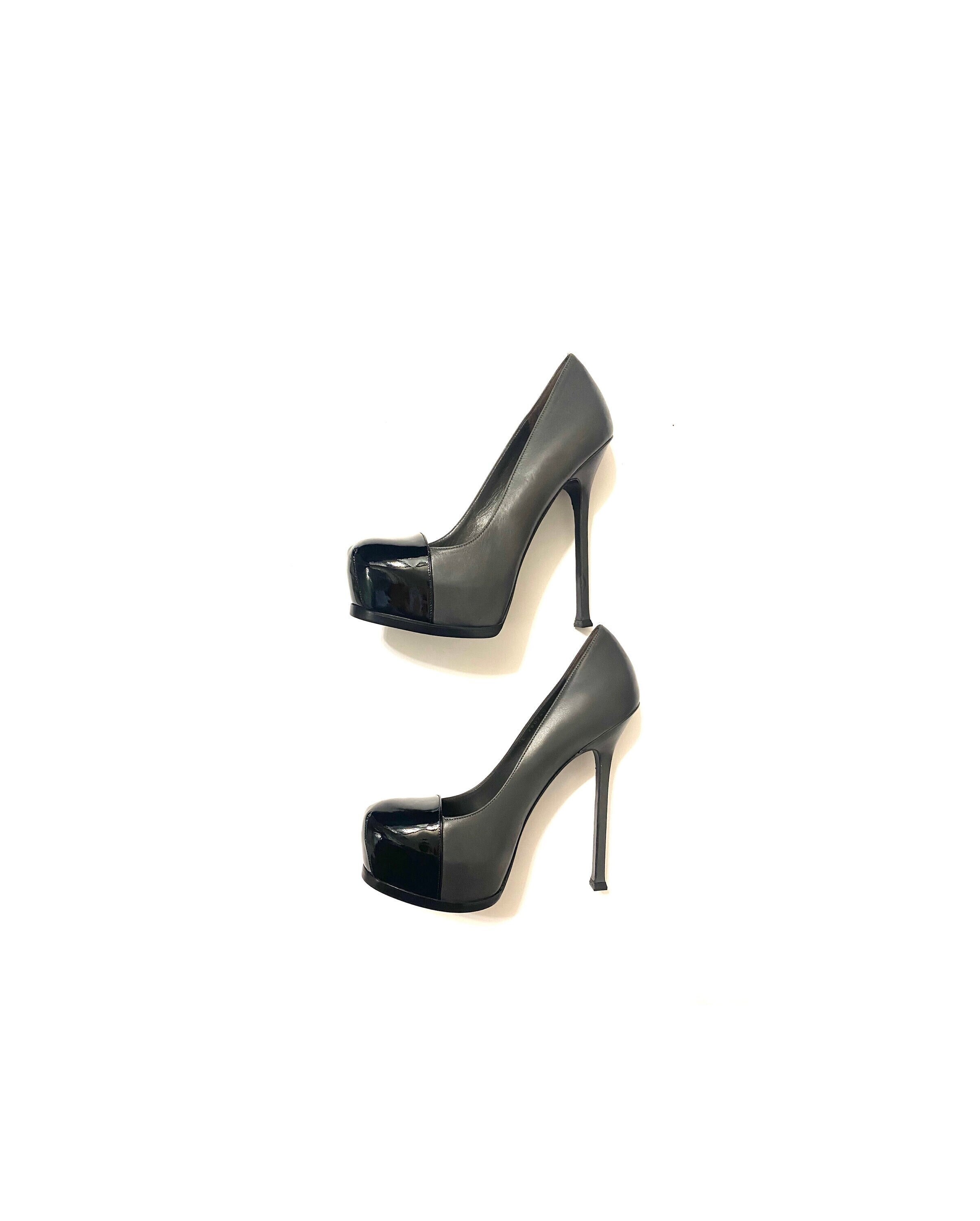 YSL Grey \u0026 Black Leather Cap Toe Pump 
