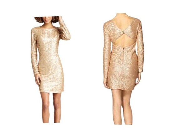 ConsignedForYou Lucca Couture Matte Gold Sequin Long Sleeve Short Mini Dress Size Medium, Golden Goddess Dress, Gold Gatsby Flapper Dress, Cocktail Dress