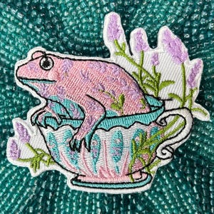 Teacup Frog Patch or Bookmark, Crescent Moon, Celestial, Owl, Floral, Tea, Postal Stamp