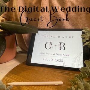 Può includere: Un libro degli ospiti digitale per matrimoni su un tablet con una penna bianca. Lo schermo mostra il testo "The Wedding of C+B Olivia Bowen & Bryan Smith 19.10.2025".