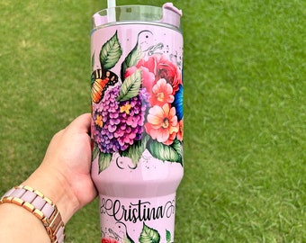 Floral Butterflies Roses Tumbler Travel 40oz Tumbler with Handle