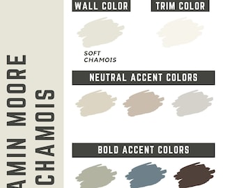 May include: A paint color palette featuring Benjamin Moore's Soft Chamois, a golden greige shade of off-white. The palette includes neutral accent colors and bold accent colors. The text on the image reads "Benjamin Moore Soft Chamois", "Wall Color", "Trim Color", "Soft Chamois", "Neutral Accent Colors", "Bold Accent Colors", "How to Use This Palette", "Soft Chamois is a golden greige shade of off-white. It has warm greige and slight green and gold undertones.", "Soft Chamois pairs well with other neutrals, such as grays, greiges, and tans. It also pairs well with blues and greens."
