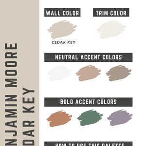 May include: A paint color palette featuring Benjamin Moore Cedar Key, a beige with a hint of taupe. The palette includes neutral accent colors and bold accent colors. The text "How to Use This Palette" describes the color scheme.