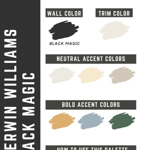 May include: A paint color palette featuring Sherwin Williams Black Magic paint. The palette includes a dark black wall color, a light gray trim color, three neutral accent colors, and three bold accent colors. The text "How to Use This Palette" is included with a description of the Black Magic paint.