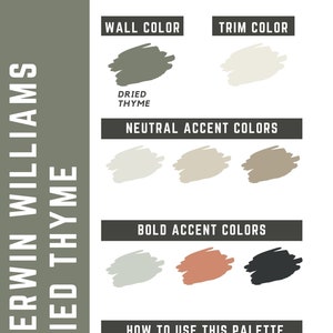 May include: A paint colour palette featuring Sherwin Williams' Dried Thyme as the main colour. The palette includes a muted green wall colour, a light beige trim colour, and accent colours in neutral and bold shades.