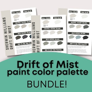 Könnte beinhalten: Ein Bündel von Farbkarten der Farbpalette von Sherwin Williams mit dem Titel "Drift of Mist". Die Karten zeigen verschiedene Farbtöne für Wände, Zierleisten, neutrale Akzente und kräftige Akzente. Der Text "BUNDLE!" steht unten.