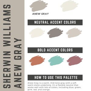 May include: A color palette guide for Sherwin Williams' Anew Gray. The guide displays color swatches for wall, trim, neutral, and bold accent colors. Text explains how to use the palette, highlighting its versatility.