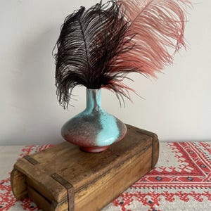 Könnte beinhalten: Eine dekorative Vase mit türkisfarbenem Oberteil und braunem Boden, die schwarze und rosa Straußenfedern enthält. Die Vase steht auf einer Holzkiste mit Metallakzenten, die auf einem gemusterten Textil platziert ist.