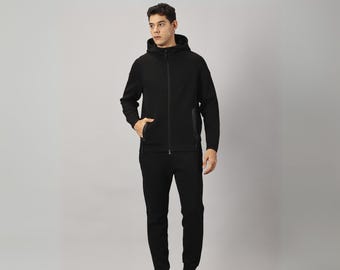 Black Tech Fleece Tracksuit, 2 Piece Set, Athletic Apparel, Sportswear, Casual Tracksuit, Fitness Wear