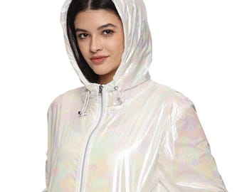 May include: A white iridescent jacket with a zipper closure and a hood. The jacket has a subtle iridescent sheen and a relaxed fit.