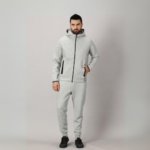 Grey Marl Tech Fleece Tracksuit, 2 Piece Set, Athletic Apparel, Sportswear, Casual Tracksuit, Fitness Wear