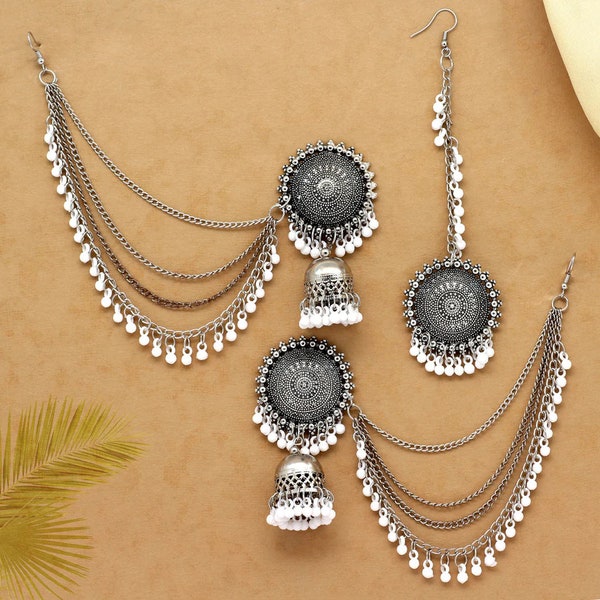 White Color Silver Oxidized Earrings Tikka Set | Earrings with Maang Tikka | Indian Jewelry Set | Kundan Earrings with Tikka in Silver |