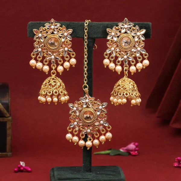 Gold Kundan Jhumka Earrings with Maang Tikka | Indian Jewelry Set | Kundan Earrings with Tikka in Gold