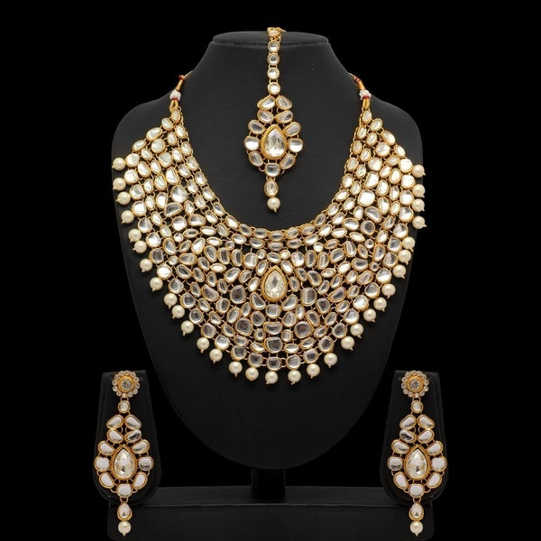 White Indian Wedding Jewelry Set | Kundan Necklace Set | Necklace, Earring and Tikka Set | Statement Jewelry | White, Gold Rhinestone Set