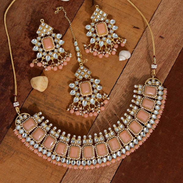Indian Wedding Peach Jewelry Set I Kundan Necklace Set I Peach Necklace, Earring and Tikka I Statement Jewelry I Peach, Gold Rhinestone Set