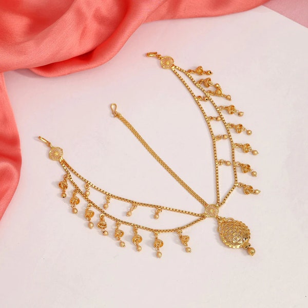 Gold Tikka Matha Patti | Gold Mathapatti | Gold Bollywood Indian Bridal Wedding Jewelry | Rhinestone | Hair Jewelry | Head Piece