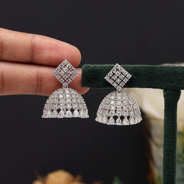 Indian Wedding Jhumka Earring | Silver Plated American Diamond Jhumka Earring Set | Jhumka Earring Set | Rhinestone Jhumka Earring