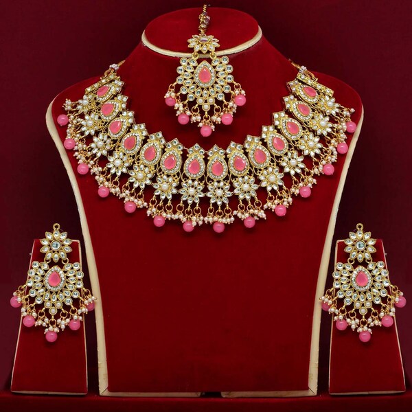 Indian Wedding Jewelry Set I Kundan Necklace Set I Necklace, Earring and Tikka Set I Statement Jewelry I Pink, Gold Rhinestone Set